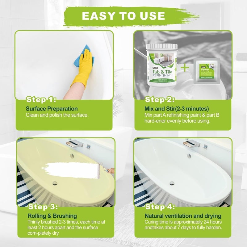 Tenee 16.89 oz White Tub and Tile Paint, Tub and Tile Refinishing Kit with 8 Tools, Semi-Gloss Bathtub Paint for Bathroom, 25-30sq.ft, Low Odor Bathtub Refinishing Kit for Fiberglass - Image 2
